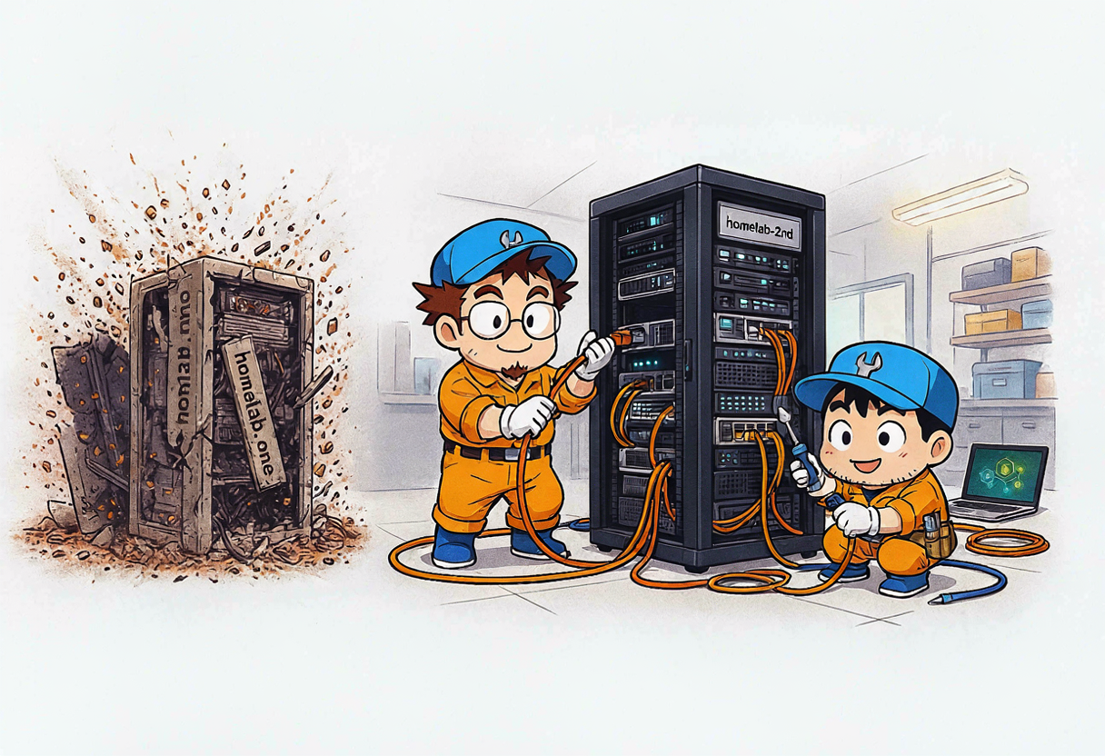 homelab-2nd header — two chibi mechanics building the new server rack