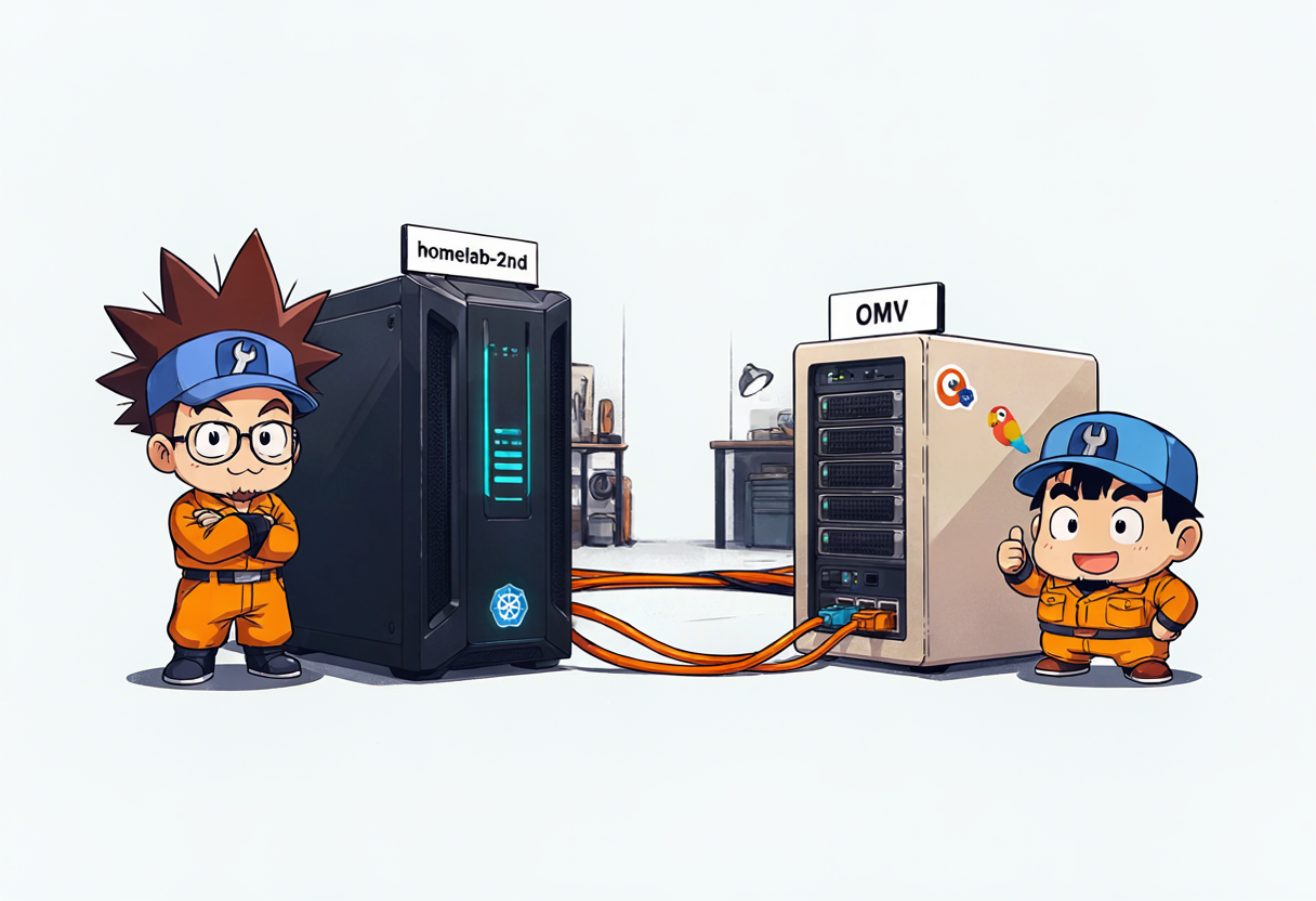 Two-box architecture — homelab-2nd compute + OMV durable storage