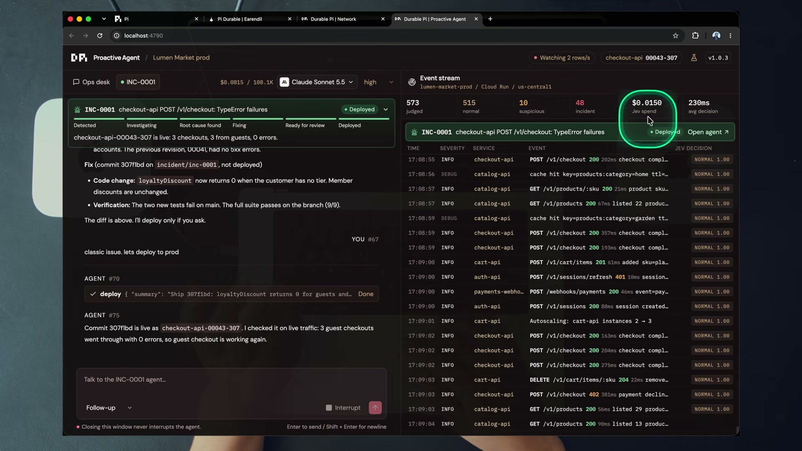 After approval the stream recovers, the deploy ran once as a durable task