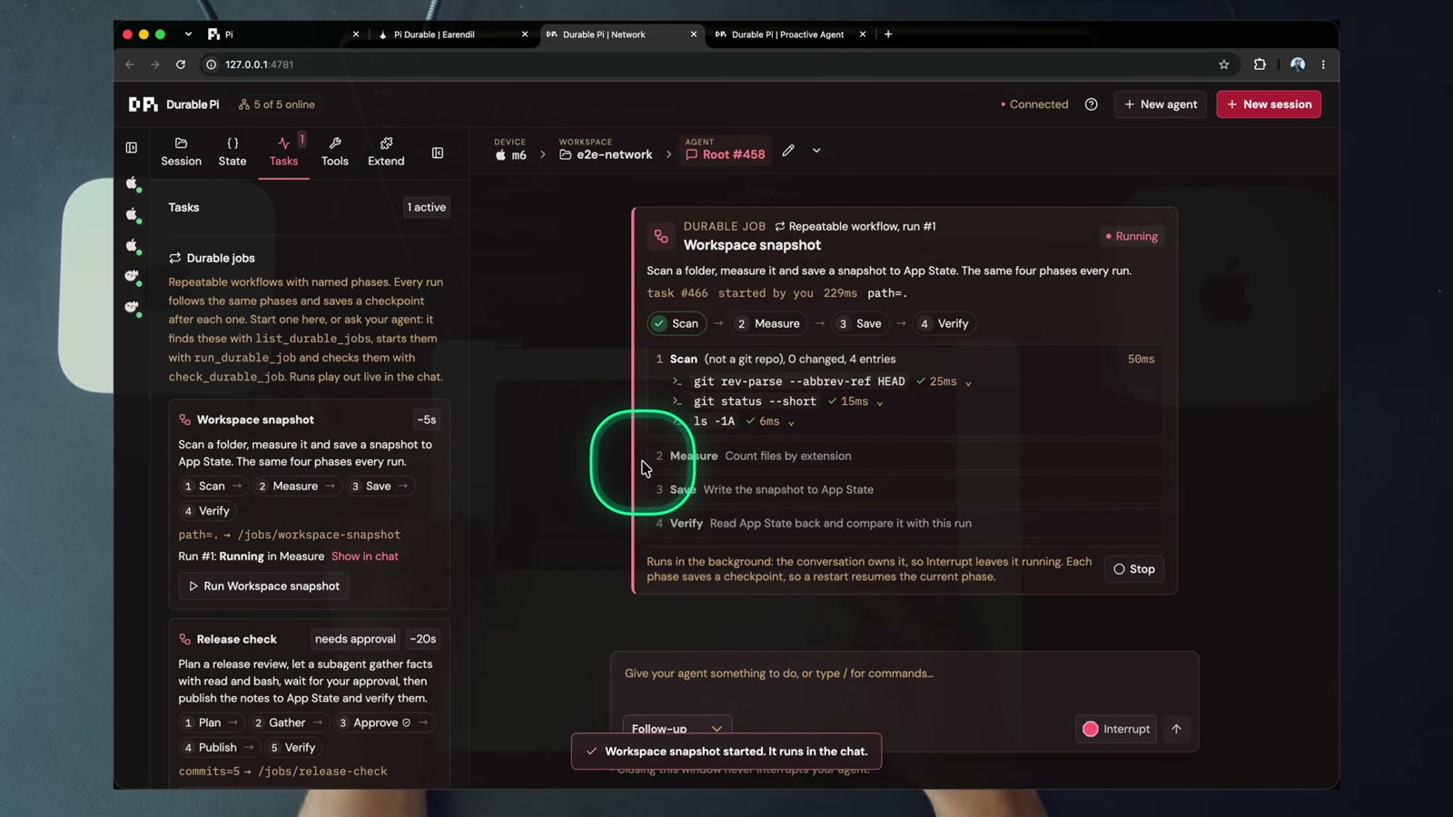 Tasks tab, workspace-snapshot running in its Measure phase