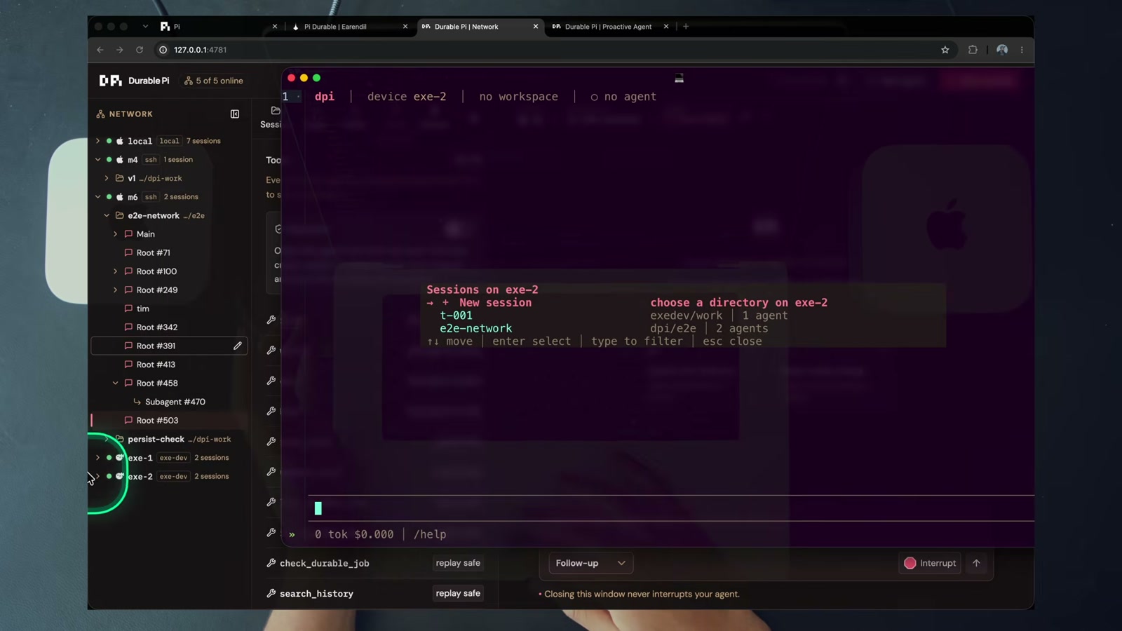 dpi-tui picking a directory on the exe-2 cloud sandbox, left rail lists every device in the network