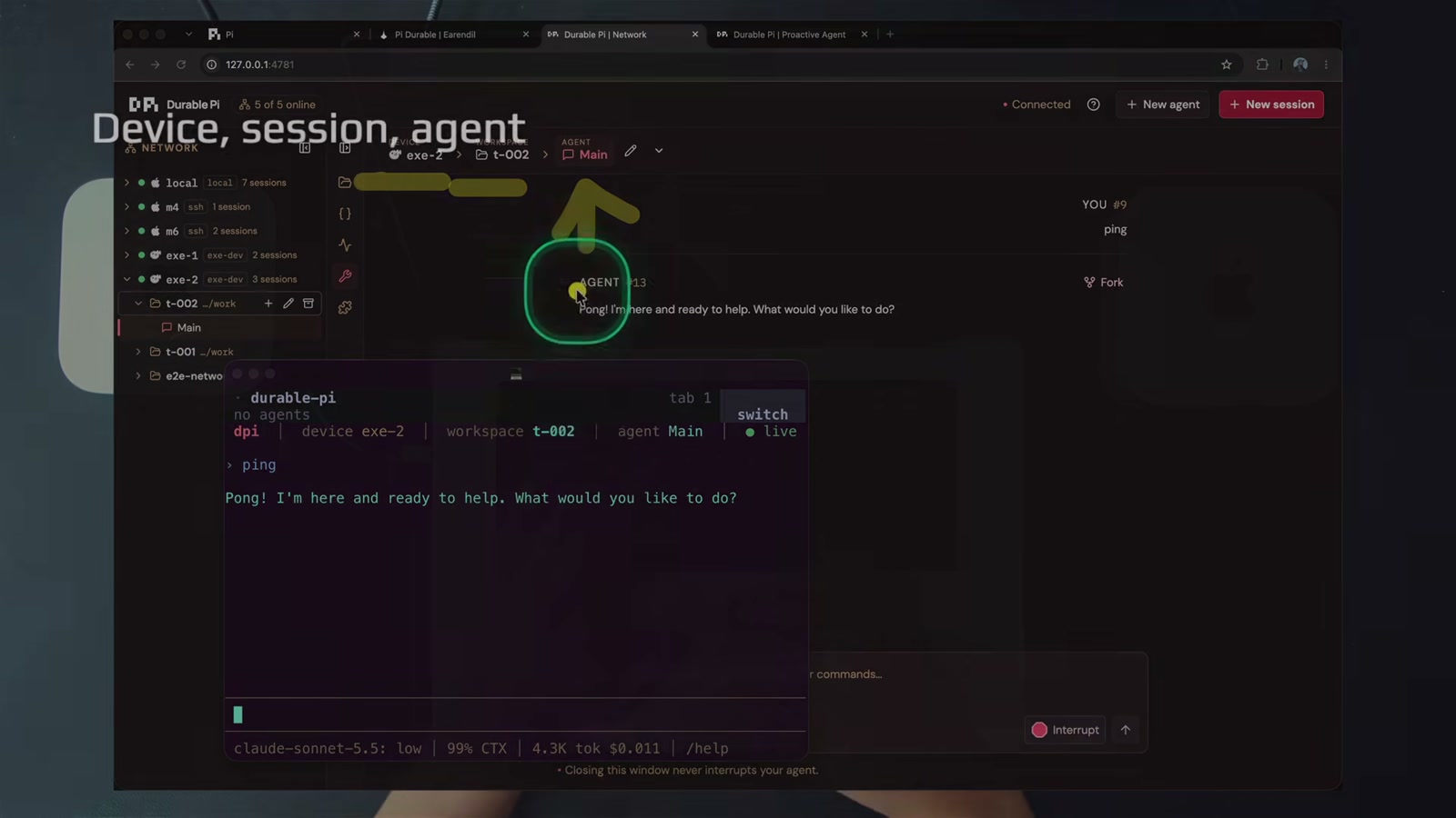 The same agent reached from the terminal while the browser holds it; a session created in the TUI appears in the web client instantly