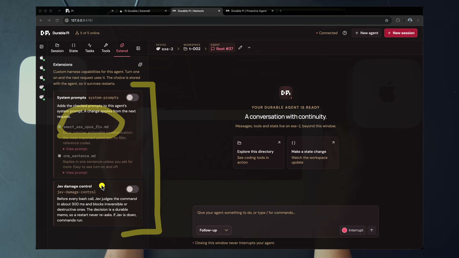 Extend tab: system-prompts and jev-damage-control, toggled per agent