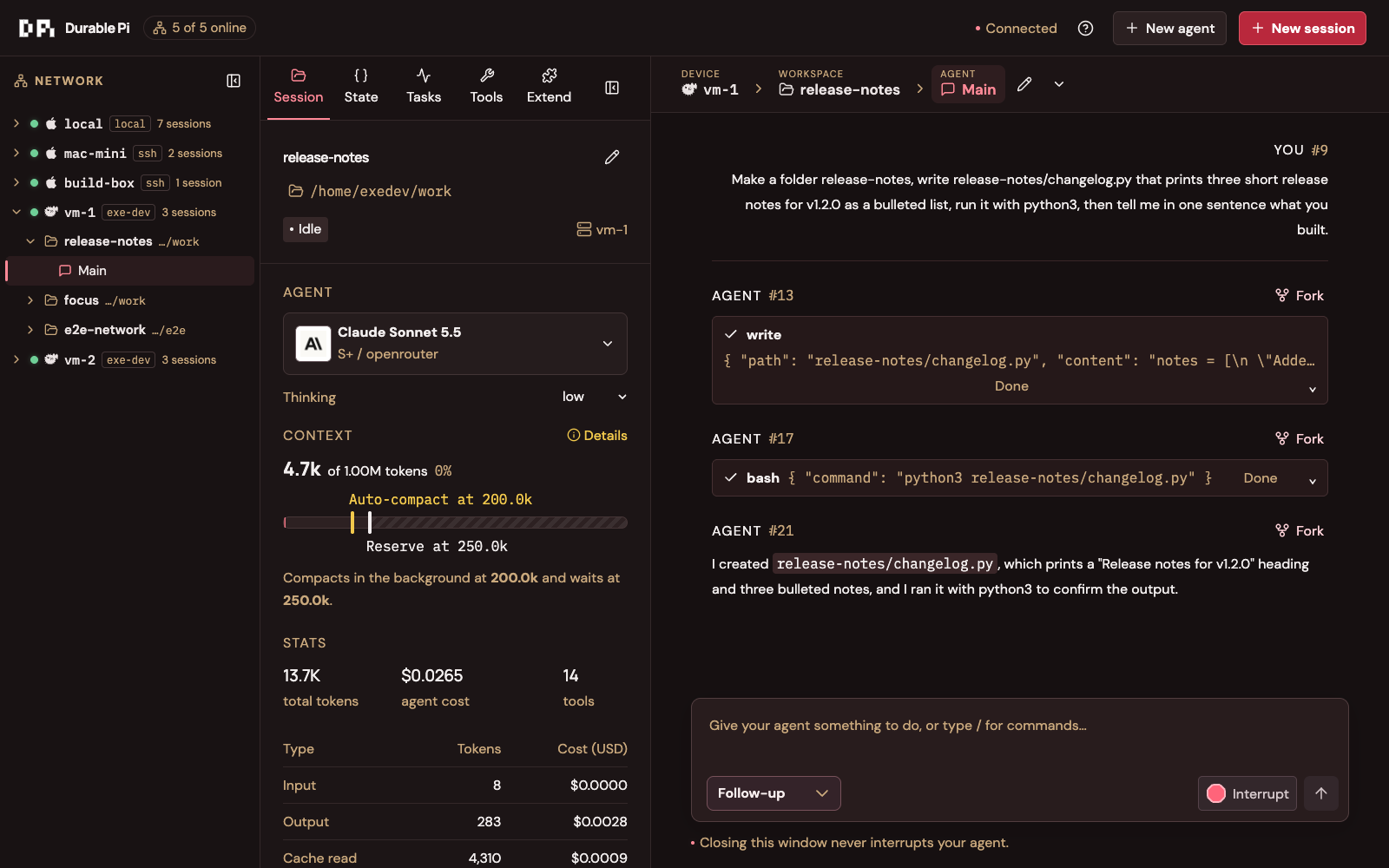 The web client: network tree, inspector, agent transcript
